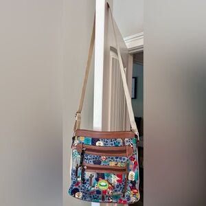 Lily Bloom Multicolor Dog Print Crossbody Bag with Brown Trim